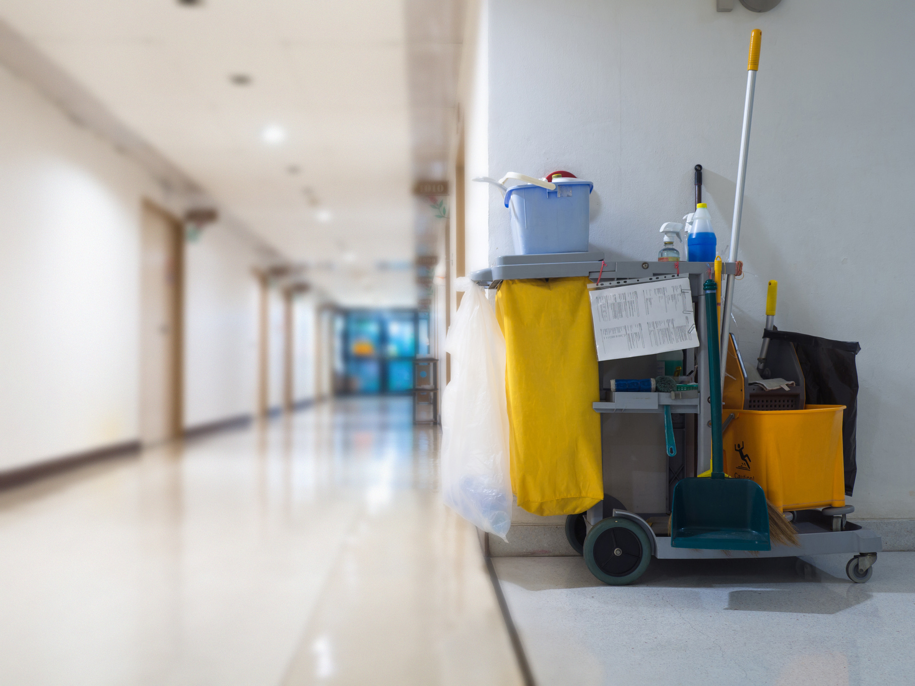 Cleaning tools cart wait for maid or cleaner in the hospital